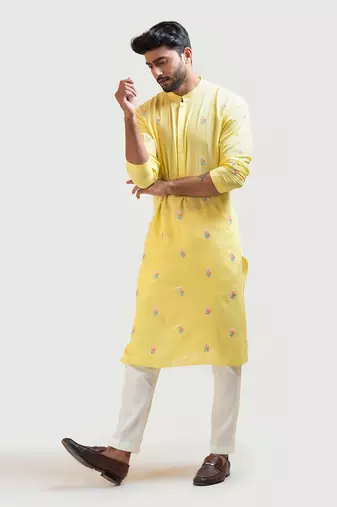 Yellow Floral Motif Kurta Set