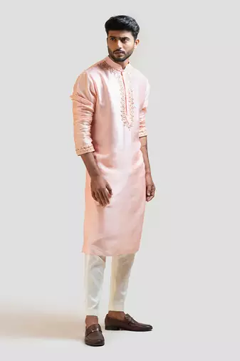 Peach Hand Embroidered Silk Kurta Set
