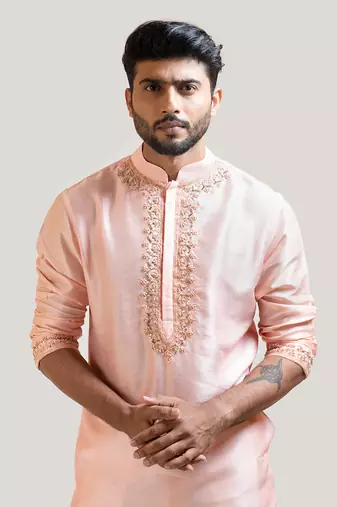 Peach Hand Embroidered Silk Kurta Set
