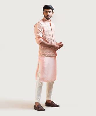 Peach Hand Embroidered Nehru Jacket Set 1