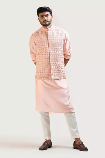 Peach Hand Embroidered Nehru Jacket Set