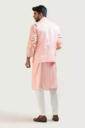 Peach Hand Embroidered Nehru Jacket Set