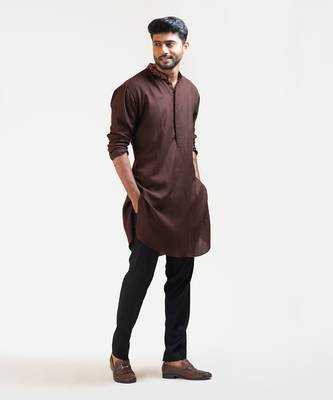 Brown Embroidered Khadi Kurta Set 1