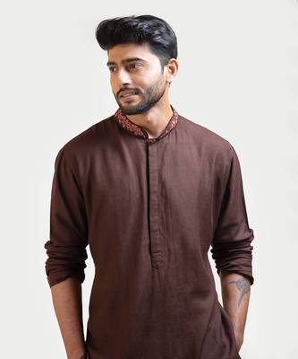 Brown Embroidered Khadi Kurta Set 2