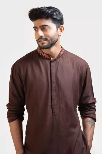 Brown Embroidered Khadi Kurta Set