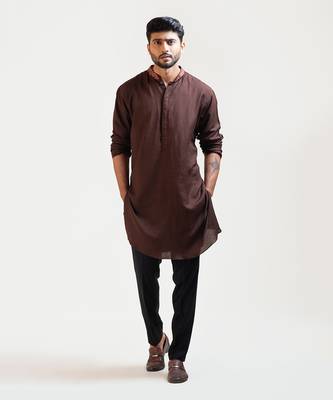 Brown Embroidered Khadi Kurta Set 3