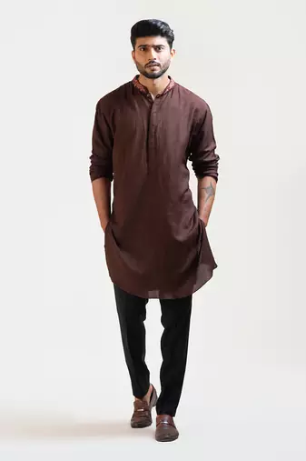 Brown Embroidered Khadi Kurta Set