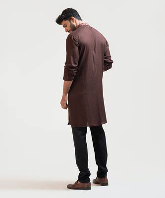 Brown Embroidered Khadi Kurta Set 4