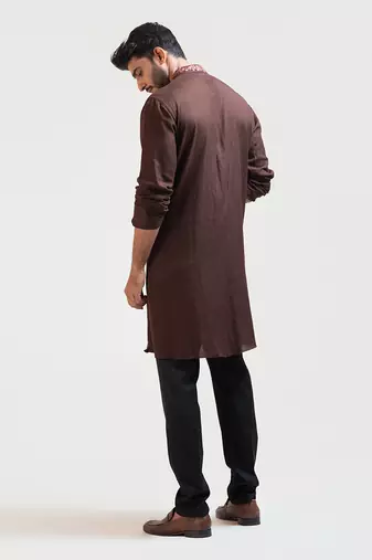Brown Embroidered Khadi Kurta Set