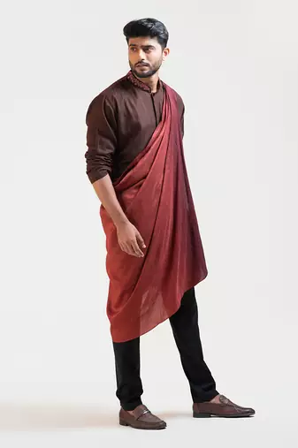 Brown Embroidered Khadi Kurta Set