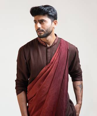 Brown Embroidered Khadi Kurta Set 3