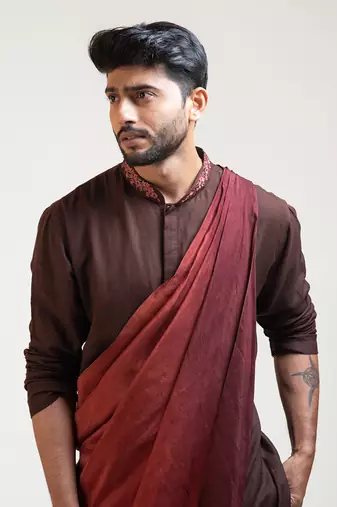 Brown Embroidered Khadi Kurta Set