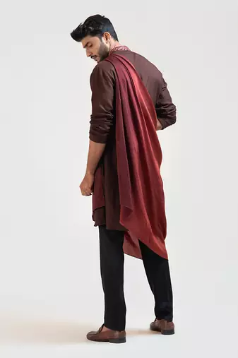 Brown Embroidered Khadi Kurta Set