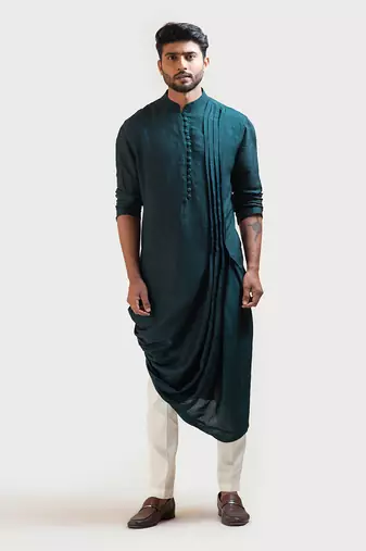 Green Silk Draped Kurta Set