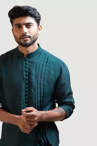 Green Silk Draped Kurta Set