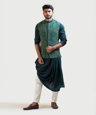 Green Silk Draped Nehru Jacket Set 1