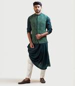 Green Silk Draped Nehru Jacket Set