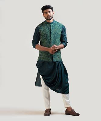 Green Silk Draped Nehru Jacket Set 2