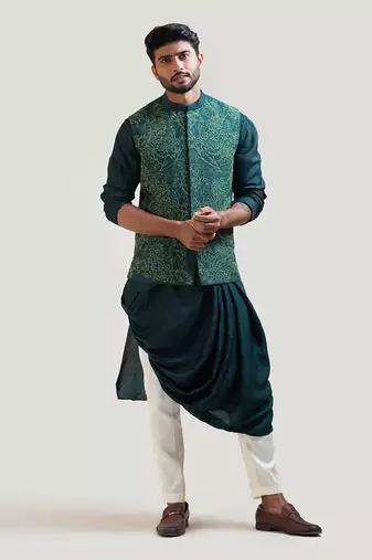 Green Silk Draped Nehru Jacket Set