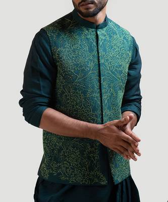 Green Silk Draped Nehru Jacket Set 3