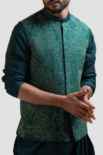 Green Silk Draped Nehru Jacket Set
