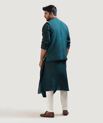 Green Silk Draped Nehru Jacket Set 4