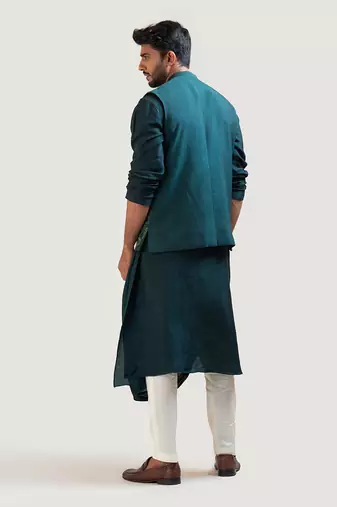 Green Silk Draped Nehru Jacket Set