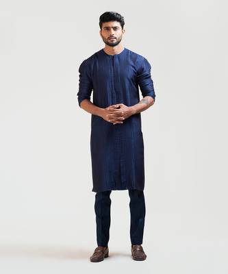 Navy Blue Front Open Silk Kurta Set 1