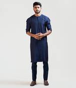 Navy Blue Front Open Silk Kurta Set