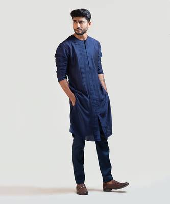 Navy Blue Front Open Silk Kurta Set 2