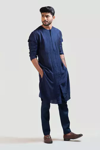 Navy Blue Front Open Silk Kurta Set