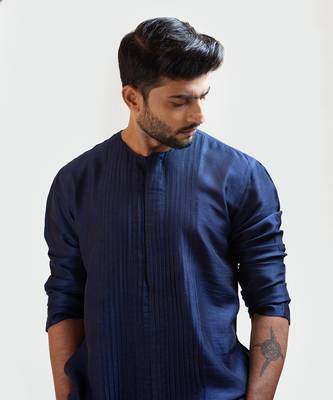 Navy Blue Front Open Silk Kurta Set 3