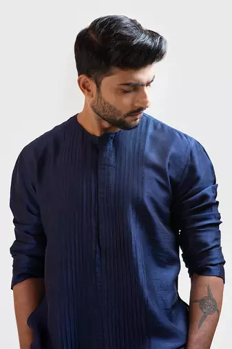 Navy Blue Front Open Silk Kurta Set