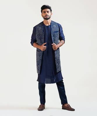 Navy Blue Front Open Silk Long Jacket Set 1