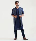 Navy Blue Front Open Silk Long Jacket Set