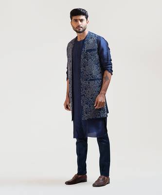 Navy Blue Front Open Silk Long Jacket Set 2
