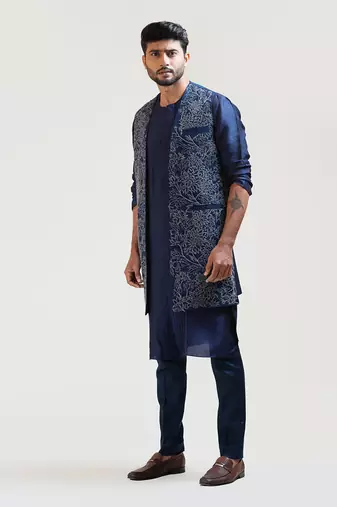 Navy Blue Front Open Silk Long Jacket Set