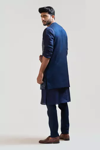 Navy Blue Front Open Silk Long Jacket Set