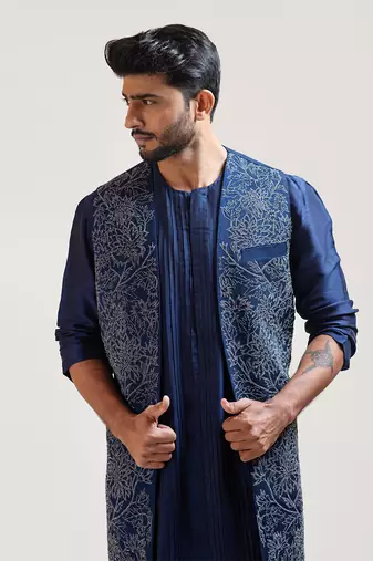 Navy Blue Front Open Silk Long Jacket Set