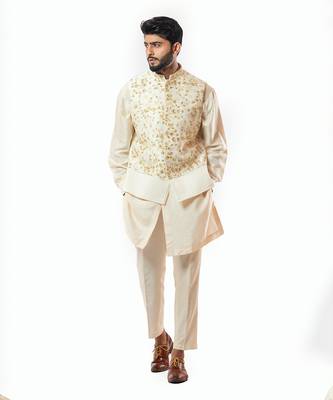 Soft Cream Embroidered Nehru Jacket 1