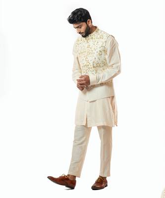 Soft Cream Embroidered Nehru Jacket 2
