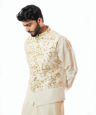 Soft Cream Embroidered Nehru Jacket 3