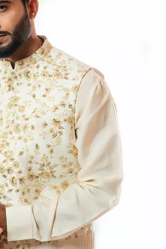 Soft Cream Embroidered Nehru Jacket