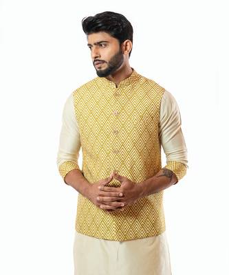 Mustard Yellow Printed Nehru Jaket 2