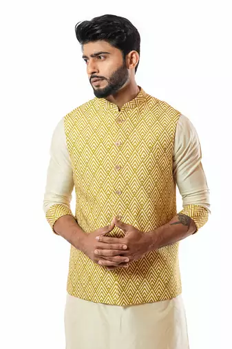 Mustard Yellow Printed Nehru Jaket