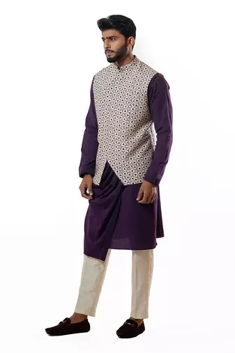 Ivory Printed Nehru Jacket