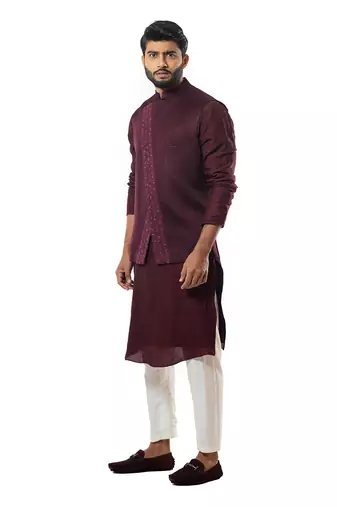 Wine Embroiderd Nehru Jacket