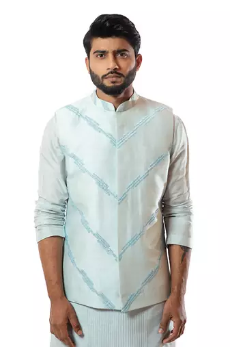 Ice Blue Embellished Nehru Jacket