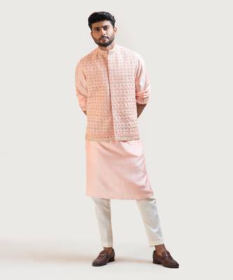 Peach Hand Embroidered Nehru Jacket 2