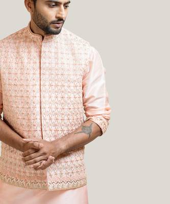 Peach Hand Embroidered Nehru Jacket 4